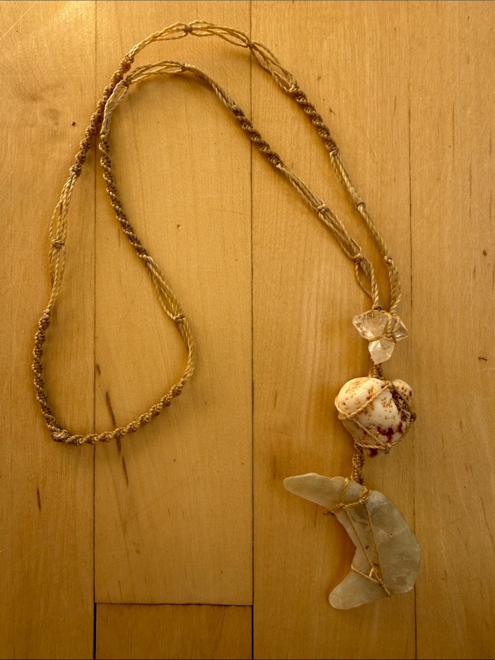 Handmade Hemp Beach Shell & Sea Glass Pendant Necklace in Natural Beige